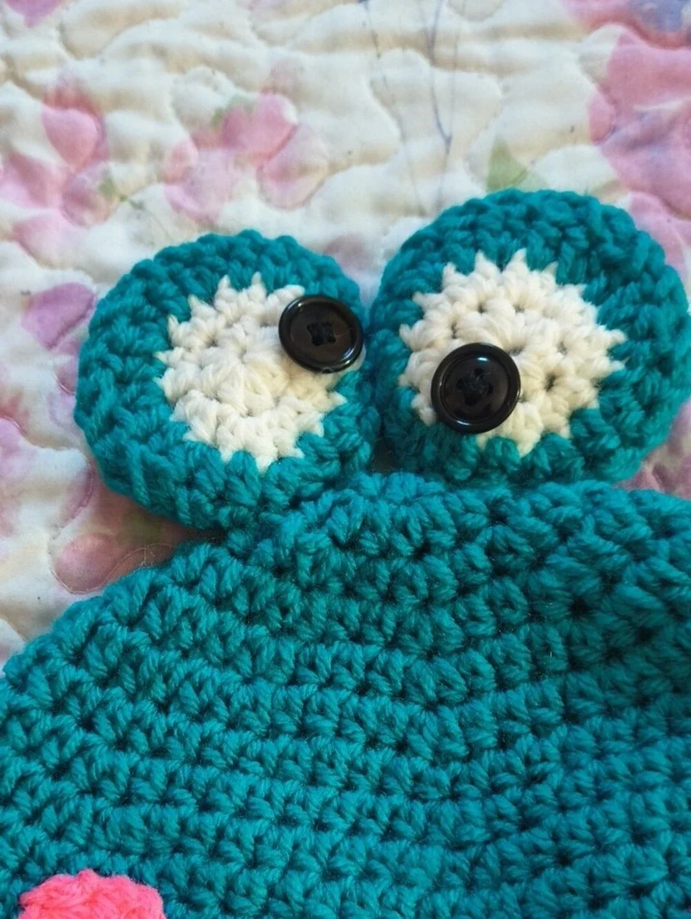 Handmade Teal Frog Crochet Earflap Hat with Pink Cheeks